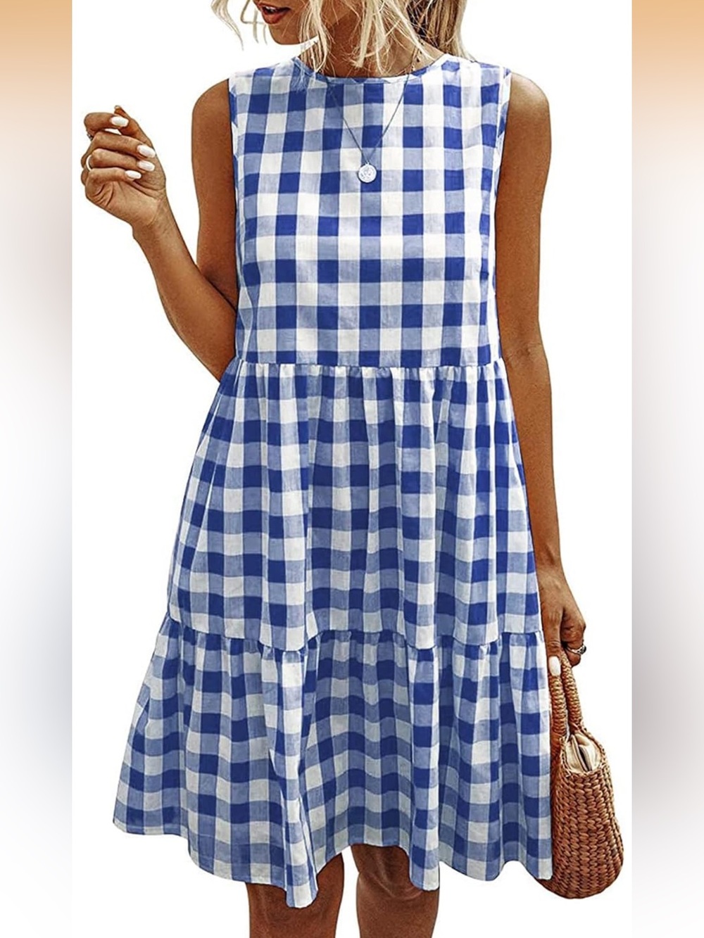 PRETTYGARDEN Blue & White Plaid Sleeveless Ruffle Sundress Medium